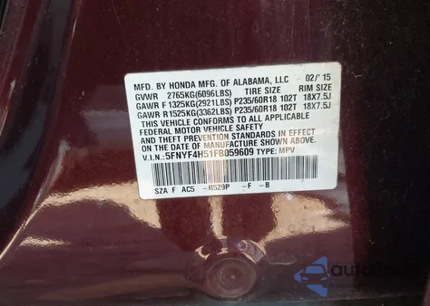 2015 Honda Pilot Ex-L z USA, uszkodzony, nr VIN 5FNYF4H51FB059609